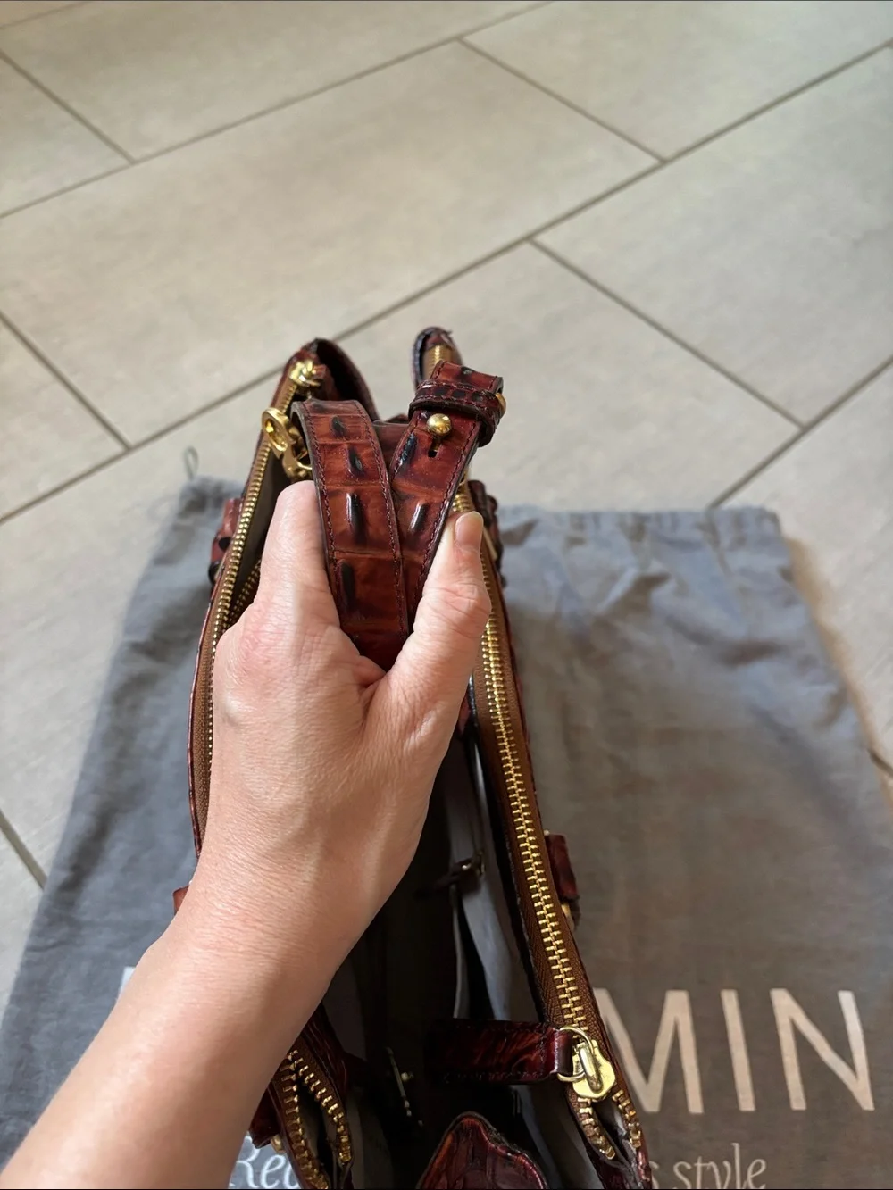 Brahmin Burnt Brown Croc-Embossed Leather Satchel